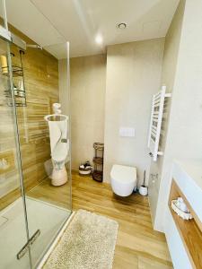 a bathroom with a toilet and a glass shower at Apartament Marina View in Darłowo