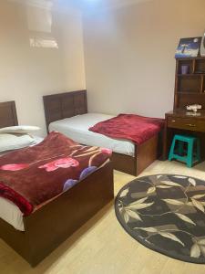 カイロにあるGarden view apartmentのベッドルーム1室(ベッド2台、ドレッサー、テーブル付)