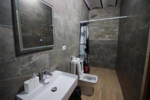 uma casa de banho com um lavatório e um WC em Duplex Apartment KANDILE em Gjirokastër