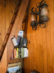 a book shelf with books and a light on a wall at Chalé no mar de nuvens - Serra da bocaina in São José do Barreiro