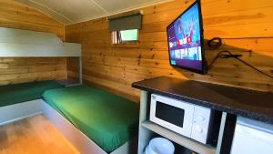Habitación pequeña con TV y sofá. en Orchard Hideaways en Penrith