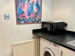 a bathroom with a washing machine and a painting at Pass the Keys Cosy one bed flat with parking and scenic views in Rickmansworth