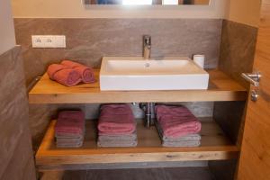 ein Badezimmer mit einem Waschbecken und Handtüchern auf einem Regal in der Unterkunft Biohof Oberwerkstatt in Obereggen