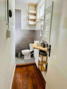 een kleine badkamer met een toilet en een wastafel bij Heerlijk appartement Centrum Breda en restaurant! in Breda