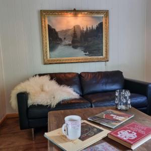 a living room with a leather couch and a table at Øyfoss overnatting in Fyresdal