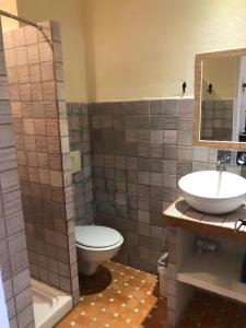 a bathroom with a sink and a toilet and a mirror at A Loghja Di Cavallo Morto in Bonifacio