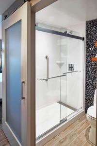 La salle de bains est pourvue d'une porte de douche en verre et de toilettes. dans l'établissement Hilton Garden Inn Boston/Marlborough, à Marlborough