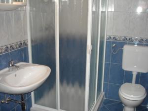 e bagno con lavandino, servizi igienici e doccia. di Apartments Buzleta a Fažana