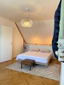 - une chambre avec un lit et un lustre dans l'établissement Maison Familiale idéale pour les Vacances/Weekends, à Dinard