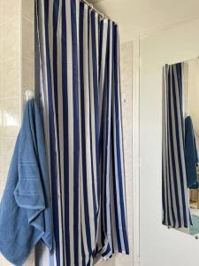 La salle de bains est pourvue d'une douche avec rideau de douche à rayures. dans l'établissement Maison Familiale idéale pour les Vacances/Weekends, à Dinard