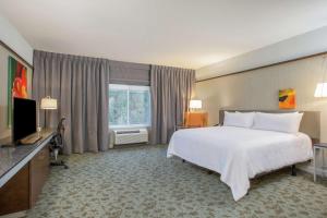 Habitación de hotel con cama y TV en Hilton Garden Inn Olympia, WA en Olympia