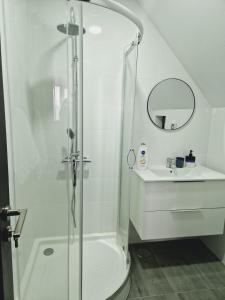 a white bathroom with a shower and a sink at Pensiunea Vlad 