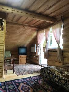 a living room with a tv in a log cabin at У ОЛЕГА in Verkhne-Studeny