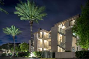 a palm tree in front of a building at night at Hilton Vacation Club Scottsdale Links Resort in Scottsdale