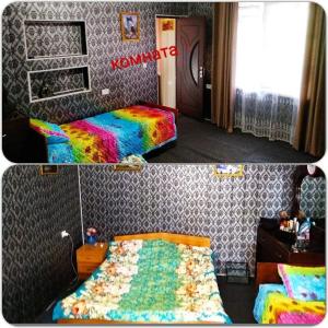 Дача Уют Чарвак Узбекистан في Chorwoq: صورتين لغرفة نوم مع سرير قزاز