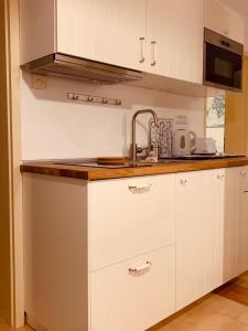 a kitchen with white cabinets and a sink at Hiška on the cliff in Ankaran