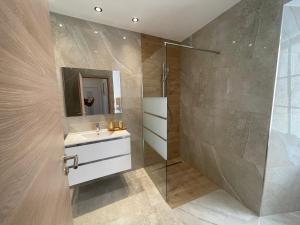 y baño con lavabo y ducha. en Villa Ariya Luxury Apartments & Spa Celje, en Celje