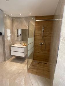een badkamer met een douche en een wastafel bij Celje Luxury Apartments & Spa in Celje