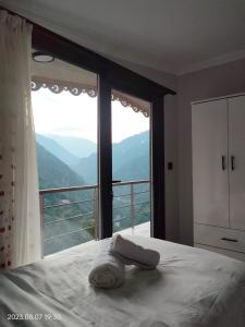 1 dormitorio con cama y ventana grande en LEYLİ GABAN VİLLA en Çaykara