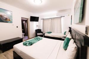 Habitación de hotel con 2 camas y TV en Hostal Las Rosas de Punta Cana en Punta Cana