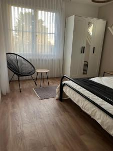 1 dormitorio con 1 cama, 1 silla y 1 ventana en Black&White Apartment, en Uzwil