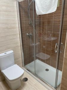 La salle de bains est pourvue de toilettes et d'une douche en verre. dans l'établissement Apartamento Son con plaza de garaje - Galicia, à Porto do Son