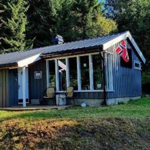 a small blue house with a flag on it at Noreflott - luxury offgrid cabin near Norefjell in Noresund