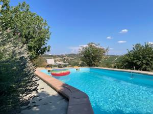 a swimming pool with a red frisbee next to it at Tenuta Dei Vicini - Luxury Apartments in San Marzano Oliveto