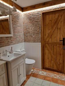 a bathroom with a toilet and a wooden door at Dziki brzeg Jezioraka in Plajny