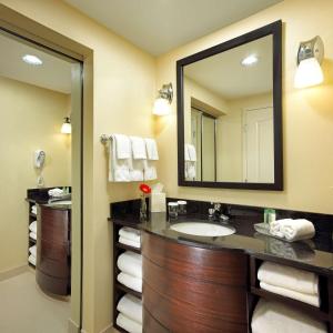 La salle de bains est pourvue d'un lavabo, d'un miroir et de serviettes. dans l'établissement Homewood Suites by Hilton Carlsbad-North San Diego County, à Carlsbad
