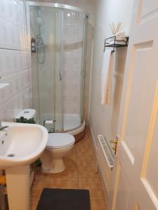 a bathroom with a shower and a toilet and a sink at Cozy bedroom C in London