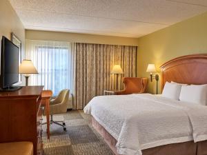 Habitación de hotel con cama, escritorio y TV. en Hampton Inn San Antonio Stone Oak, en San Antonio