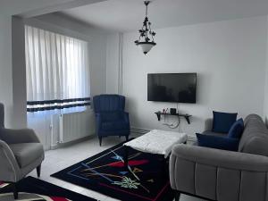 ein Wohnzimmer mit blauen Stühlen und einem TV in der Unterkunft BEYAZ KÖŞK in Arnavutköy
