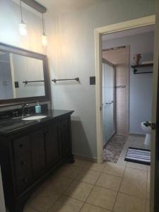 a bathroom with a sink and a mirror and a shower at Terry Kuhlman in San Angelo