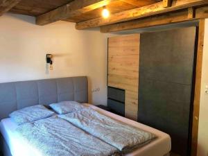 a bedroom with a bed and a wooden wall at Bikers Paradise Apartment in Oberlängenfeld