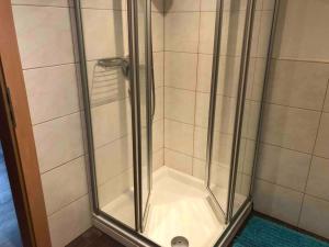 a shower with a glass door in a bathroom at Bikers Paradise Apartment in Oberlängenfeld