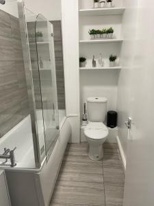 a white bathroom with a toilet and a shower at 2 Bedroom Flat in London in London