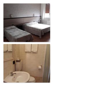 two pictures of a bathroom with a bed and a sink at Hotel Salus in Milan