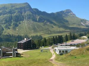 un bâtiment dans un champ avec une montagne en arrière-plan dans l'établissement Casa Focobon - presso Sussy residence, à Falcade