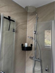 una ducha en un baño con puerta de cristal en Wohlfühlwohnung in Gummersbach, en Gummersbach