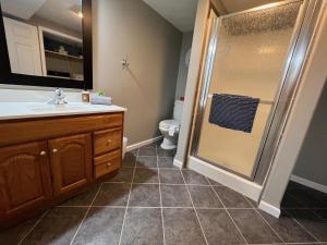 ein Bad mit einer Dusche, einem Waschbecken und einem WC in der Unterkunft Arnolds Park Iowa St Funhouse in Arnolds Park