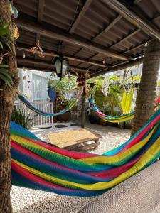 una hamaca colorida atada a un árbol en un patio en Pousada Floresta, en Bombinhas