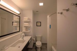 a bathroom with a sink and a toilet and a mirror at Hampton Inn & Suites Irvine/Orange County Airport in Irvine