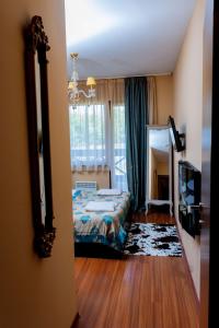 a bedroom with a bed and a mirror in a room at private apartment hotel Regnum Bansko in Bansko
