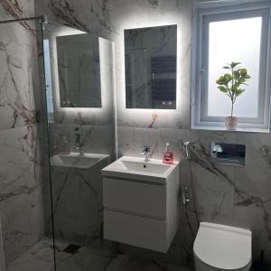 a bathroom with a sink and a toilet and two windows at Entire home in Nottingham in Nottingham