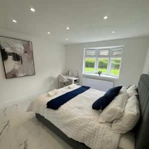a bedroom with a large bed with blue pillows at Entire home in Nottingham in Nottingham