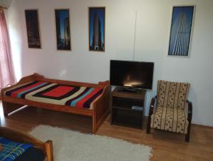 ein Wohnzimmer mit einem Bett, einem TV und einem Stuhl in der Unterkunft Liget Szálláshely in Berettyóújfalu