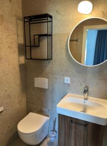 a bathroom with a sink and a toilet and a mirror at Gruppenhaus Alpenglück in Kirchdorf in Tirol