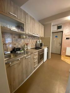 uma cozinha com armários de madeira e um lavatório em Apartman_Krstić_1 em Subotica