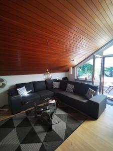 uma sala de estar com um sofá preto e tecto de madeira em Ferienwohnung Anneliese em Leutenbach